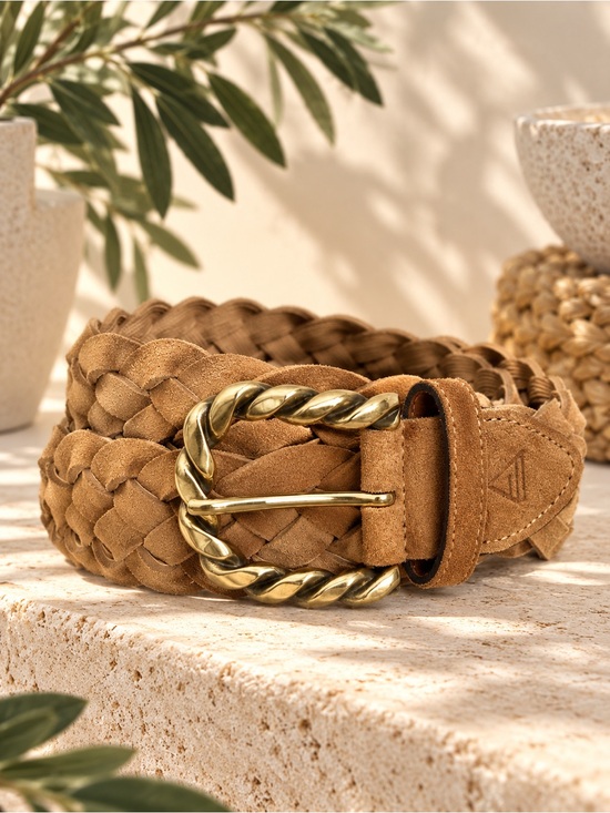 Alero Sport Accessories - Alero Sport Milano Camel Woven Italian Suede Brass Buckle Belt XS/S Equestrian